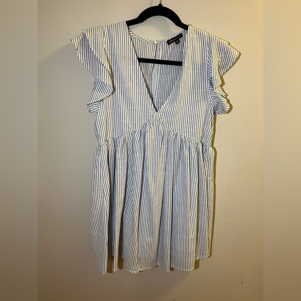 Shinestar_Striped, Ruffle Sleeves, Double Lined, V-Neck Dress
